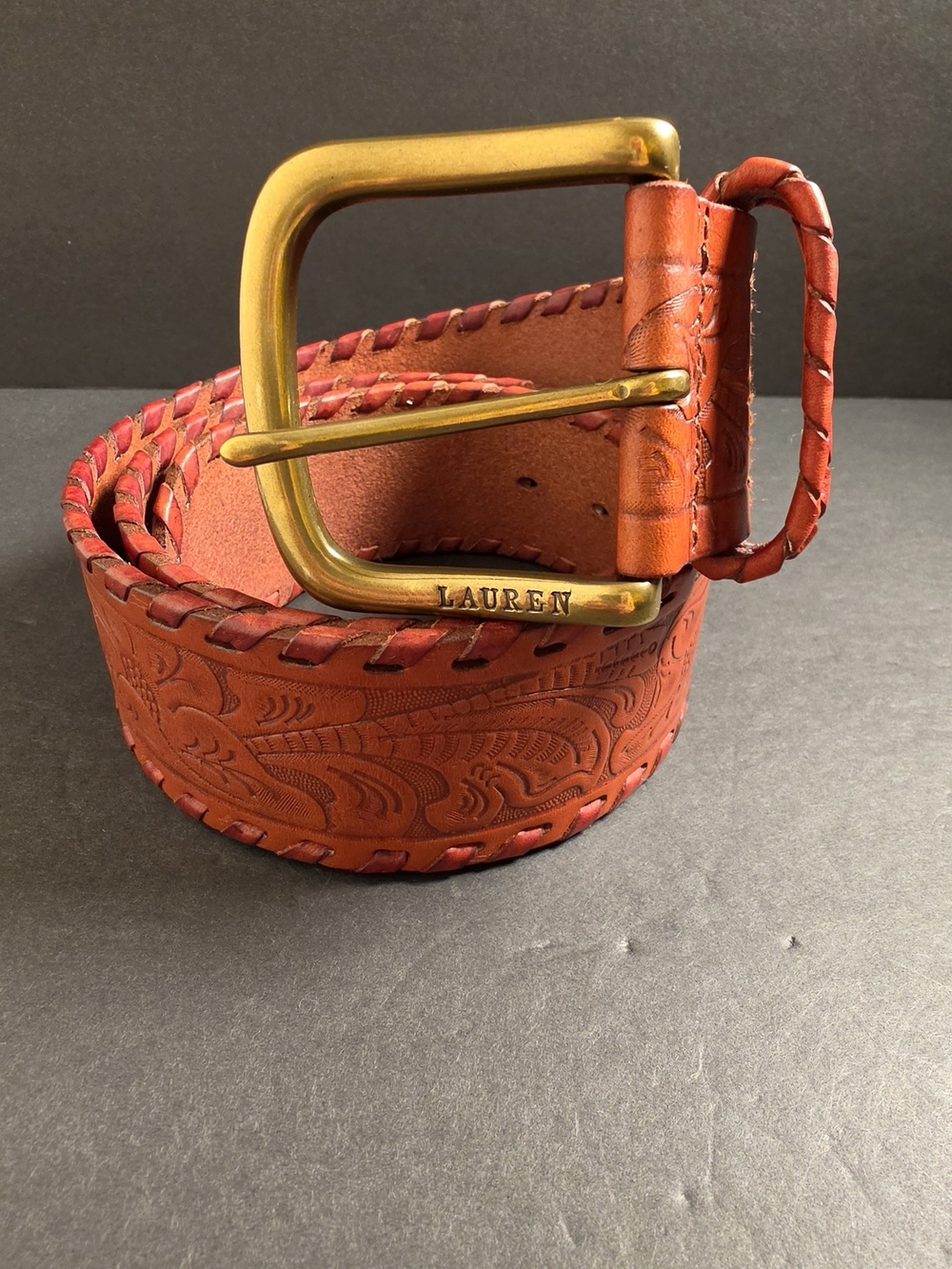 Lauren Ralph Lauren Orange Tooled Leather Belt with Brass Buckle